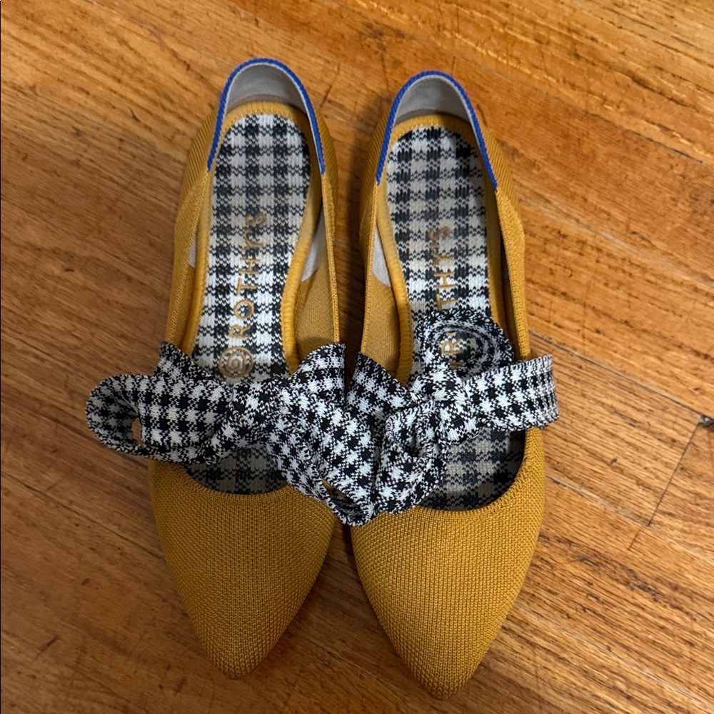 Rothy's Mustard Yellow Flats with Gingham Bow